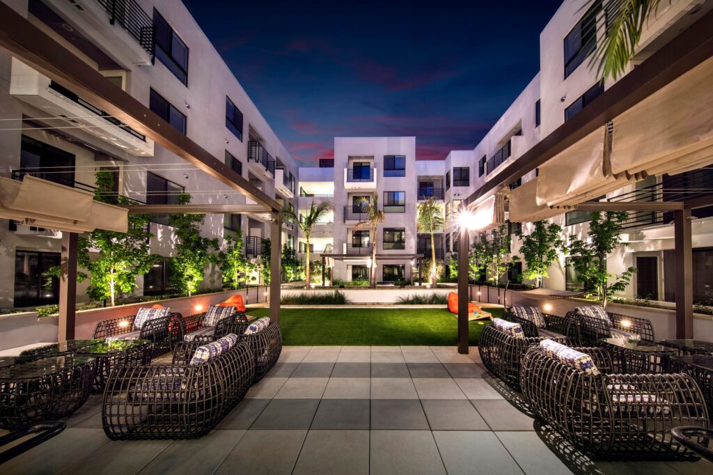 Courtyard with covered seating and hammocks